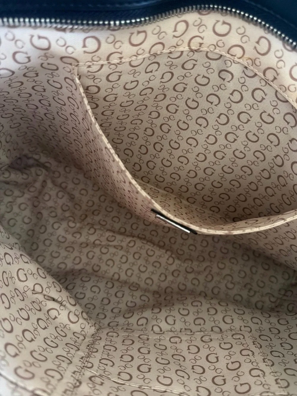 Guess Beige Monogram Tote with Black Trim